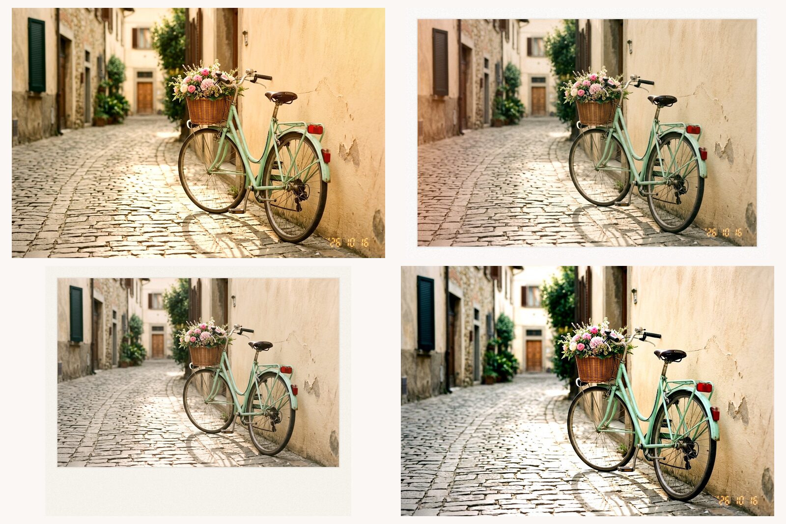 The same photo of a bicycle in four lumen cameras: Sunny 35, Snapshot, Instant with its white frame, and Digicam 03 with its date stamp.